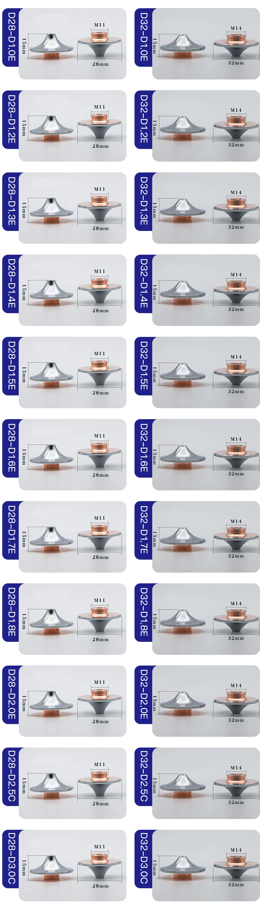Laser Nozzle Hsg High Speed D28/D32 Double Layer D1.0e/D1.0e/D1.2e/D1.3e/D1.4e/D1.5e/D1.6e/D1.7e/D1.8e/D2.0e D2.5c/D3.0c